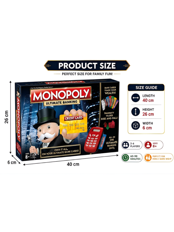 Monopoly Ultimate Banking Edition Board Game – Cashless Family Strategy Board Game with All-in-One Electronic Banking Unit & Cards, Ages 8+, 2–6 Players MD669