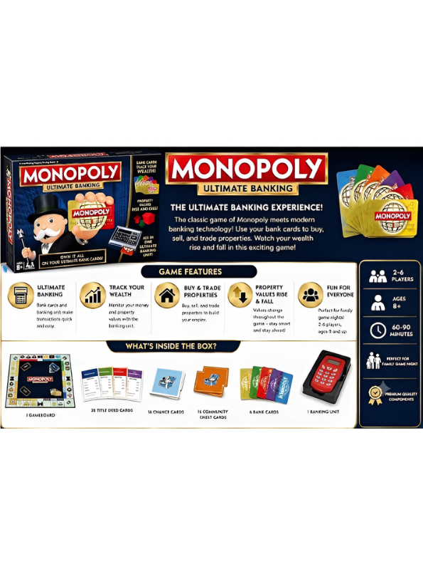 Monopoly Ultimate Banking Edition Board Game – Cashless Family Strategy Board Game with All-in-One Electronic Banking Unit & Cards, Ages 8+, 2–6 Players MD669