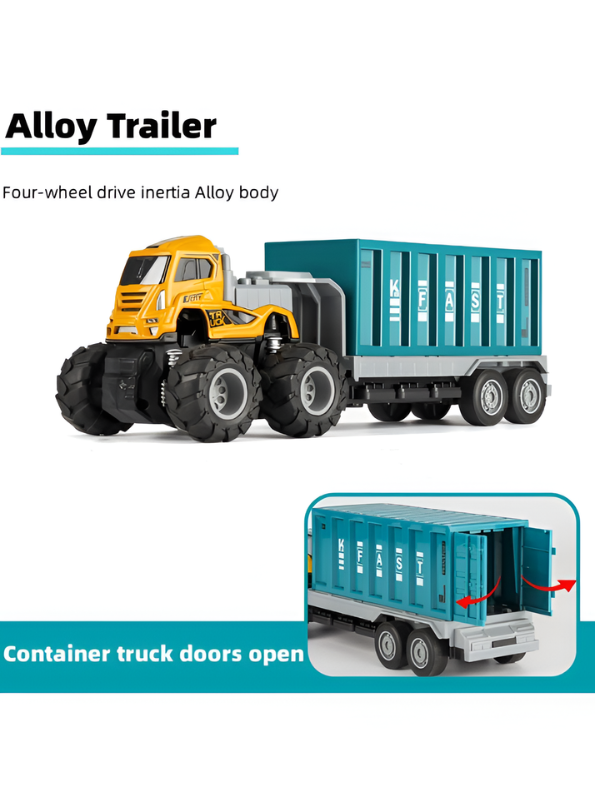 Monster Truck Toy with Container Trailer – 4WD Inertia Power, Die-Cast Metal Truck - Green.