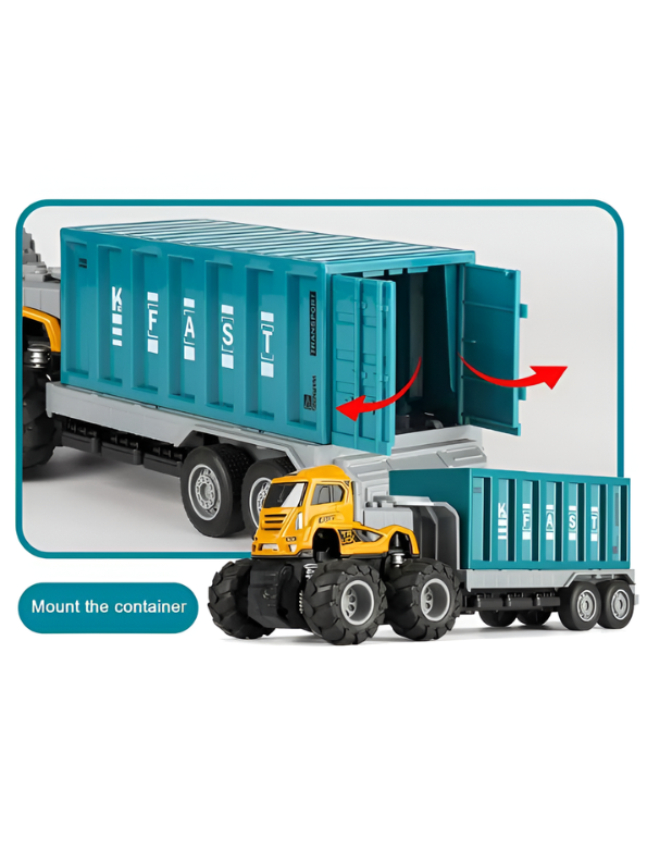 Monster Truck Toy with Container Trailer – 4WD Inertia Power, Die-Cast Metal Truck - Green.