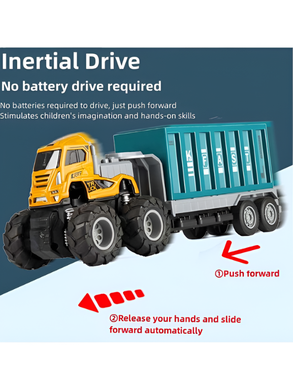 Monster Truck Toy with Container Trailer – 4WD Inertia Power, Die-Cast Metal Truck - Green.