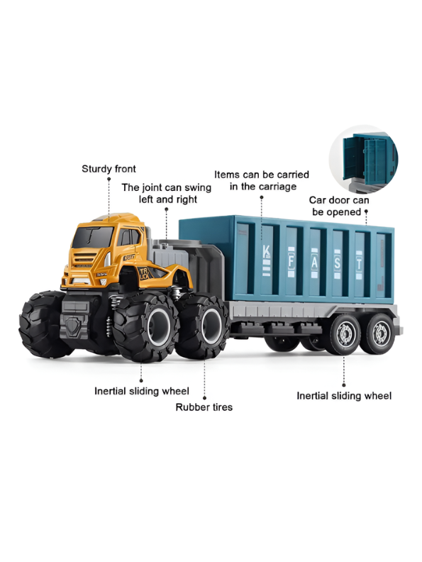 Monster Truck Toy with Container Trailer – 4WD Inertia Power, Die-Cast Metal Truck - Green.