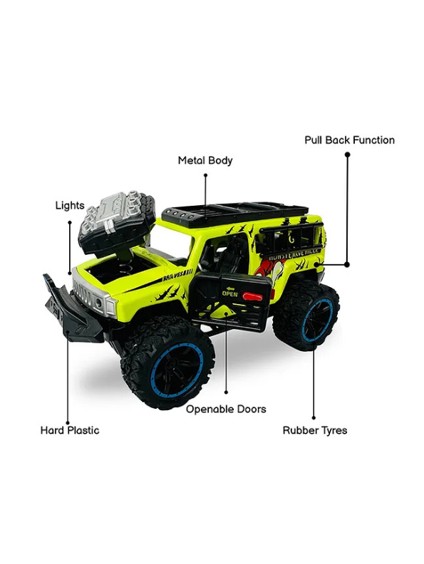 Monster Vehicle - Die-Cast Off-Road SUV Toy with Pull Back Action, Lights & Monster Engine Sound Lime Green LMI16430.