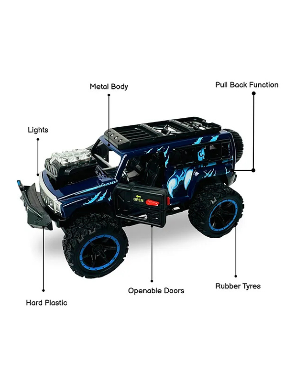 Monster Vehicle - Die-Cast Off-Road SUV Toy with Pull Back Action, Lights & Monster Engine Sound Blue LMI16430.