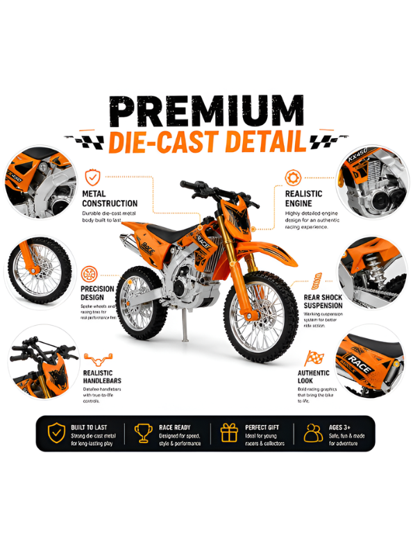 Motocross Motorcycle Diecast Alloy Dirt Bike Orange TV7229.