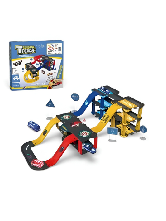 Multi-Level City Car Track Set – Racing Ramps, Garage Parking & Helicopter Pad, Educational Toy Playset MD2555.