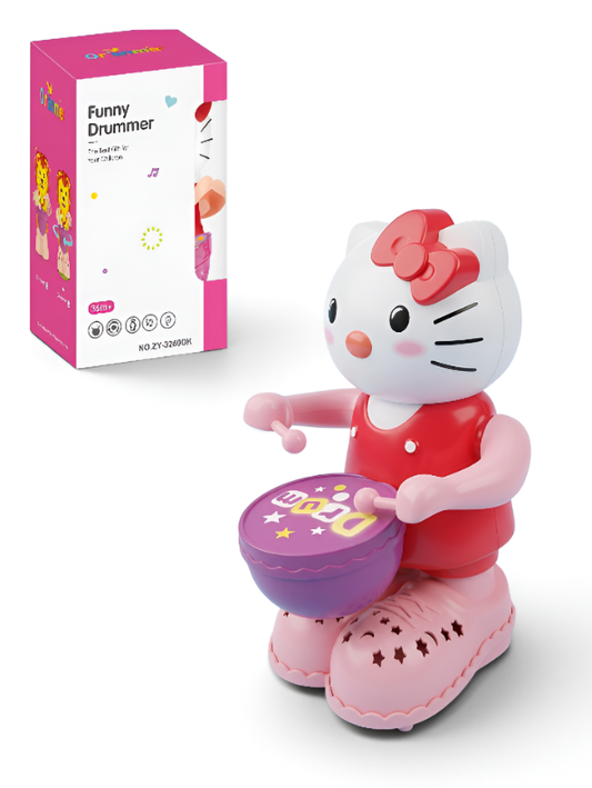 Musical Kitty Cat Happy Drummer Toy with Flashing LED Lights and 360-Degree Rotation, Bump-and-Go Action Toy for Infants and Toddlers LMI9691