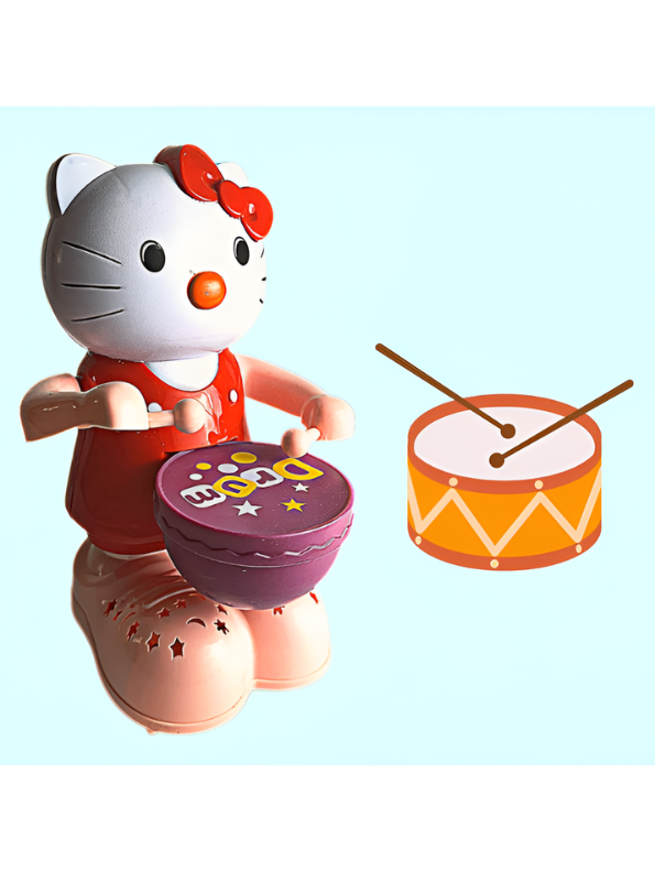 Musical Kitty Cat Happy Drummer Toy with Flashing LED Lights and 360-Degree Rotation, Bump-and-Go Action Toy for Infants and Toddlers LMI9691