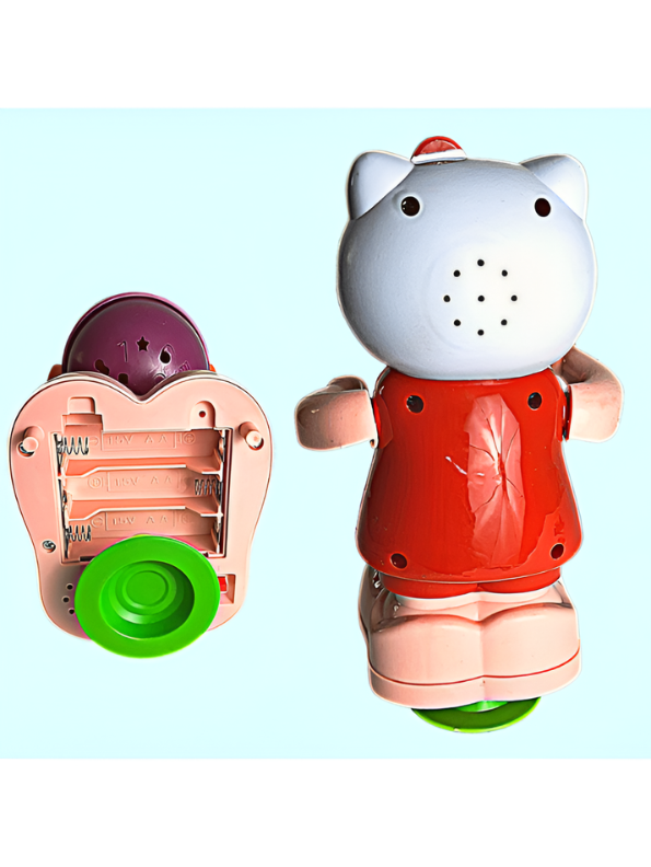 Musical Kitty Cat Happy Drummer Toy with Flashing LED Lights and 360-Degree Rotation, Bump-and-Go Action Toy for Infants and Toddlers LMI9691