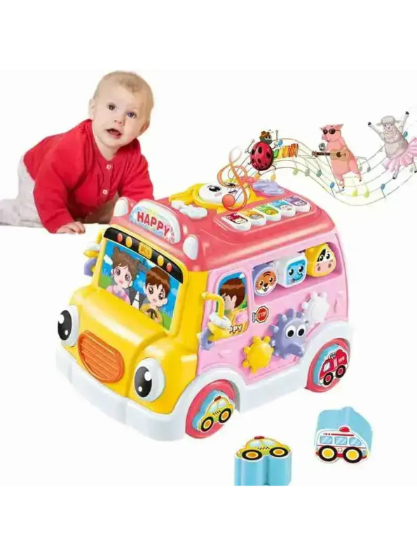 Musical School Bus Toy for Toddlers Baby Pink /Blue -6-in-1 Activity Cube Baby Toy with Piano Keys, Shape Sorter Blocks, Clock Dial & Moving Gears, Interactive Early Learning Light & Sound Toy for Kids LMI14062