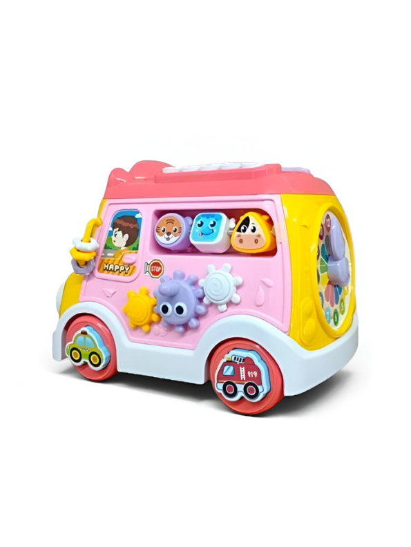 Musical School Bus Toy for Toddlers Baby Pink /Blue -6-in-1 Activity Cube Baby Toy with Piano Keys, Shape Sorter Blocks, Clock Dial & Moving Gears, Interactive Early Learning Light & Sound Toy for Kids LMI14062