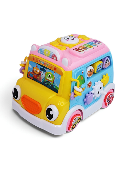 Musical School Bus Toy for Toddlers Baby Pink /Blue -6-in-1 Activity Cube Baby Toy with Piano Keys, Shape Sorter Blocks, Clock Dial & Moving Gears, Interactive Early Learning Light & Sound Toy for Kids LMI14062