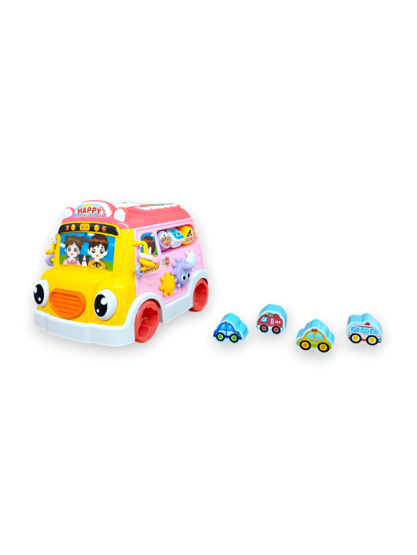 Musical School Bus Toy for Toddlers Baby Pink /Blue -6-in-1 Activity Cube Baby Toy with Piano Keys, Shape Sorter Blocks, Clock Dial & Moving Gears, Interactive Early Learning Light & Sound Toy for Kids LMI14062