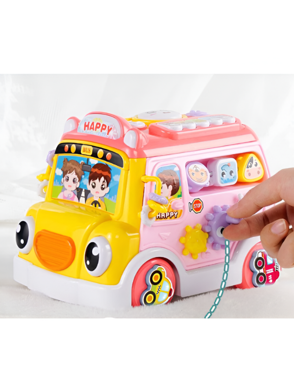 Musical School Bus Toy for Toddlers Baby Pink /Blue -6-in-1 Activity Cube Baby Toy with Piano Keys, Shape Sorter Blocks, Clock Dial & Moving Gears, Interactive Early Learning Light & Sound Toy for Kids LMI14062