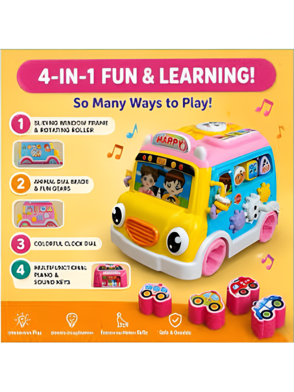 Musical School Bus Toy for Toddlers Baby Pink /Blue -6-in-1 Activity Cube Baby Toy with Piano Keys, Shape Sorter Blocks, Clock Dial & Moving Gears, Interactive Early Learning Light & Sound Toy for Kids LMI14062