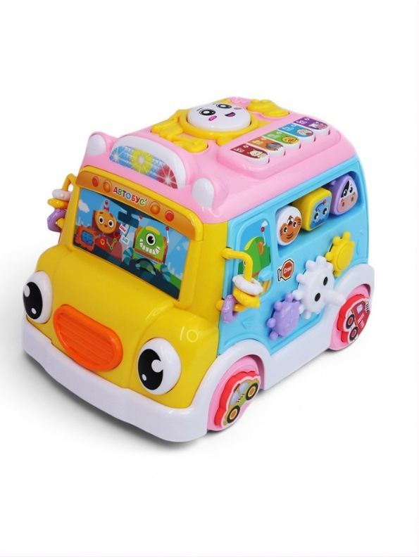 Musical School Bus Toy for Toddlers Blue/Yellow -6-in-1 Activity Cube Baby Toy with Piano Keys, Shape Sorter Blocks, Clock Dial & Moving Gears, Interactive Early Learning Light & Sound Toy for Kids LMI14062