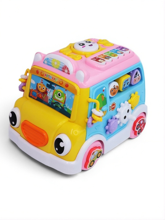 Musical School Bus Toy for Toddlers Blue/Yellow -6-in-1 Activity Cube Baby Toy with Piano Keys, Shape Sorter Blocks, Clock Dial & Moving Gears, Interactive Early Learning Light & Sound Toy for Kids LMI14062