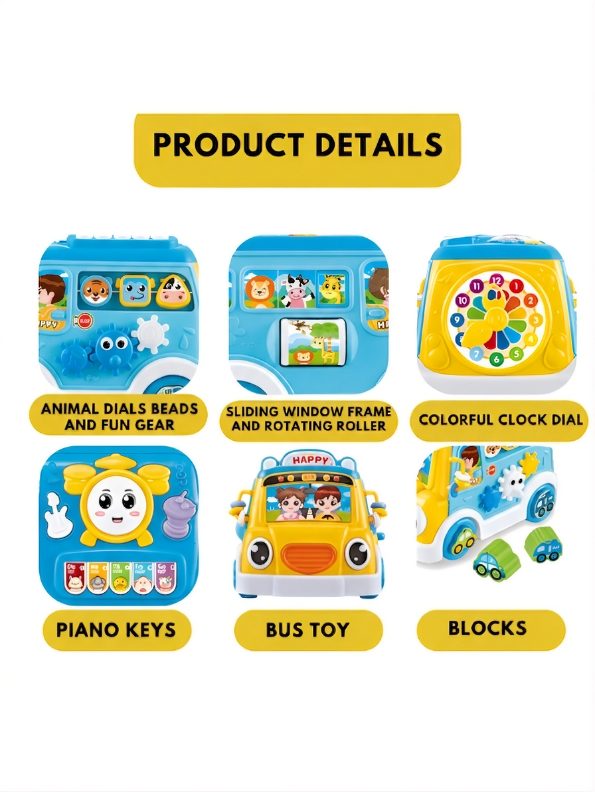 Musical School Bus Toy for Toddlers Blue/Yellow -6-in-1 Activity Cube Baby Toy with Piano Keys, Shape Sorter Blocks, Clock Dial & Moving Gears, Interactive Early Learning Light & Sound Toy for Kids LMI14062