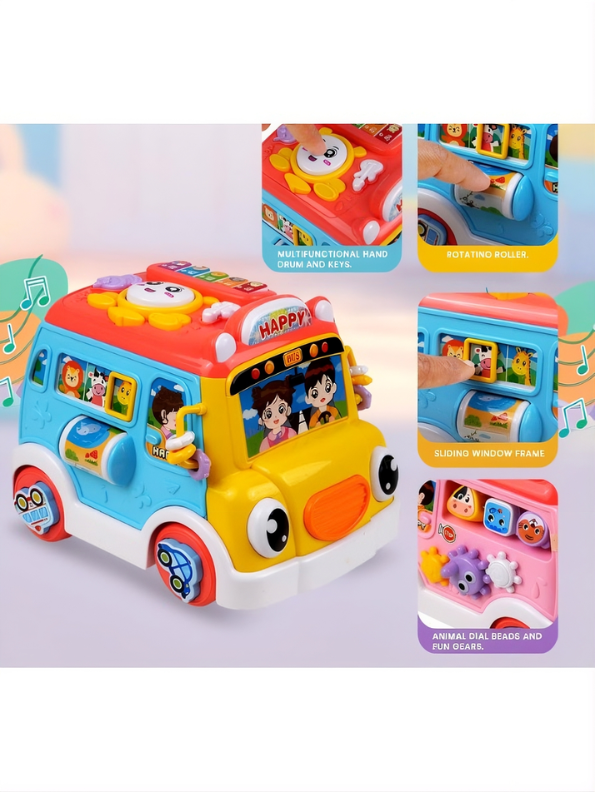 Musical School Bus Toy for Toddlers Blue/Yellow -6-in-1 Activity Cube Baby Toy with Piano Keys, Shape Sorter Blocks, Clock Dial & Moving Gears, Interactive Early Learning Light & Sound Toy for Kids LMI14062