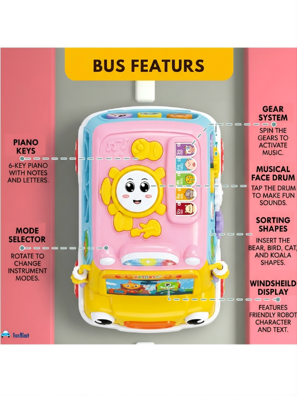 Musical School Bus Toy for Toddlers Blue/Yellow -6-in-1 Activity Cube Baby Toy with Piano Keys, Shape Sorter Blocks, Clock Dial & Moving Gears, Interactive Early Learning Light & Sound Toy for Kids LMI14062