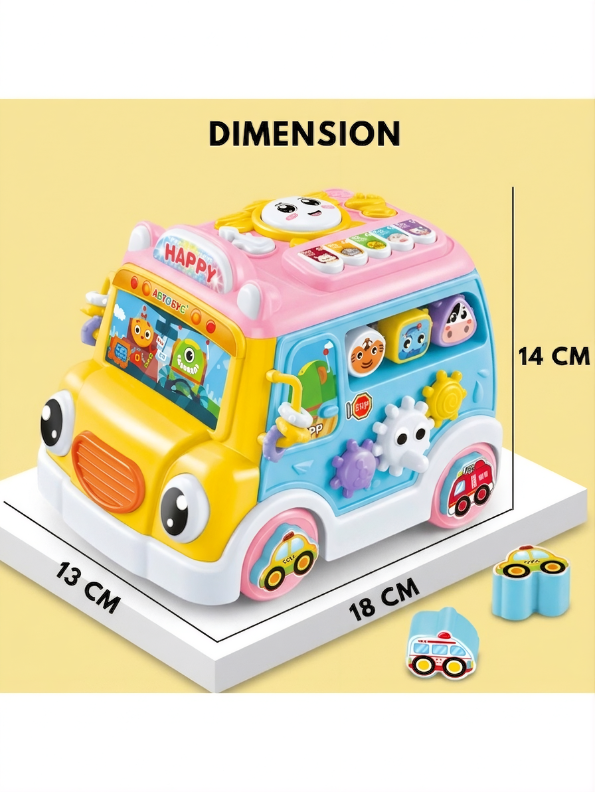 Musical School Bus Toy for Toddlers Blue/Yellow -6-in-1 Activity Cube Baby Toy with Piano Keys, Shape Sorter Blocks, Clock Dial & Moving Gears, Interactive Early Learning Light & Sound Toy for Kids LMI14062