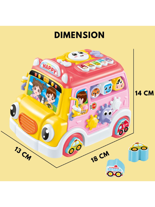 Musical School Bus Toy for Toddlers Pink/Yellow -6-in-1 Activity Cube Baby Toy with Piano Keys, Shape Sorter Blocks, Clock Dial & Moving Gears, Interactive Early Learning Light & Sound Toy for Kids LMI14062