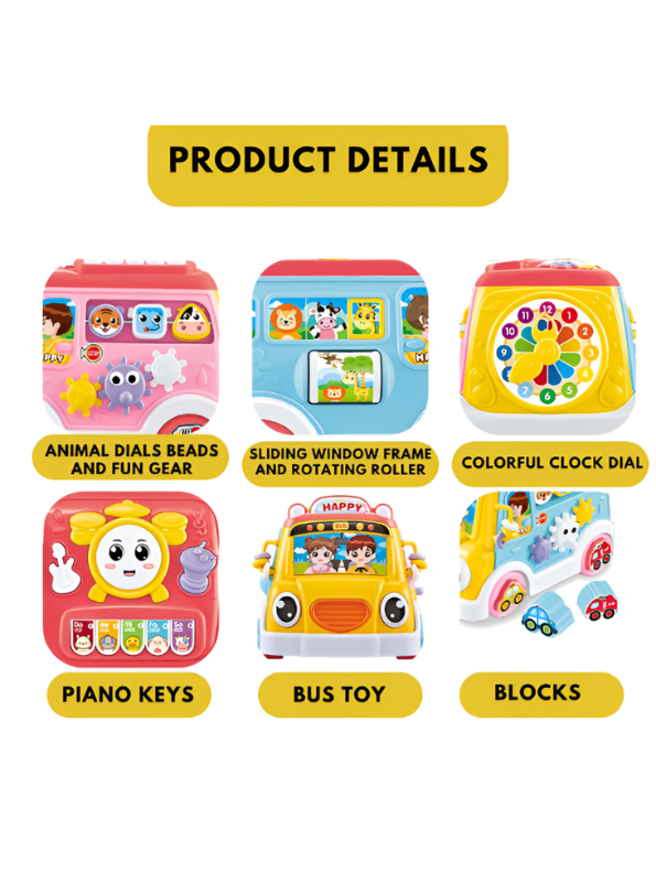 Musical School Bus Toy for Toddlers Pink/Yellow -6-in-1 Activity Cube Baby Toy with Piano Keys, Shape Sorter Blocks, Clock Dial & Moving Gears, Interactive Early Learning Light & Sound Toy for Kids LMI14062