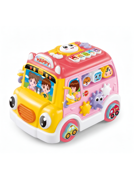 Musical School Bus Toy for Toddlers Pink/Yellow -6-in-1 Activity Cube Baby Toy with Piano Keys, Shape Sorter Blocks, Clock Dial & Moving Gears, Interactive Early Learning Light & Sound Toy for Kids LMI14062