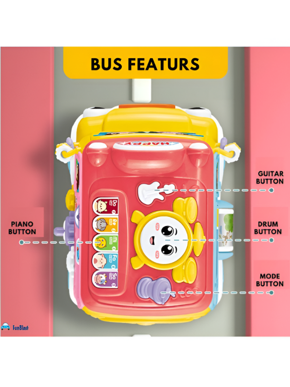 Musical School Bus Toy for Toddlers Pink/Yellow -6-in-1 Activity Cube Baby Toy with Piano Keys, Shape Sorter Blocks, Clock Dial & Moving Gears, Interactive Early Learning Light & Sound Toy for Kids LMI14062