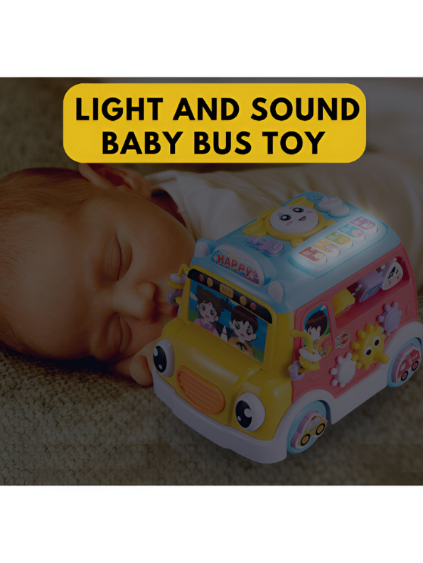 Musical School Bus Toy for Toddlers Pink/Yellow -6-in-1 Activity Cube Baby Toy with Piano Keys, Shape Sorter Blocks, Clock Dial & Moving Gears, Interactive Early Learning Light & Sound Toy for Kids LMI14062