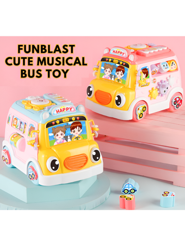 Musical School Bus Toy for Toddlers Pink/Yellow -6-in-1 Activity Cube Baby Toy with Piano Keys, Shape Sorter Blocks, Clock Dial & Moving Gears, Interactive Early Learning Light & Sound Toy for Kids LMI14062