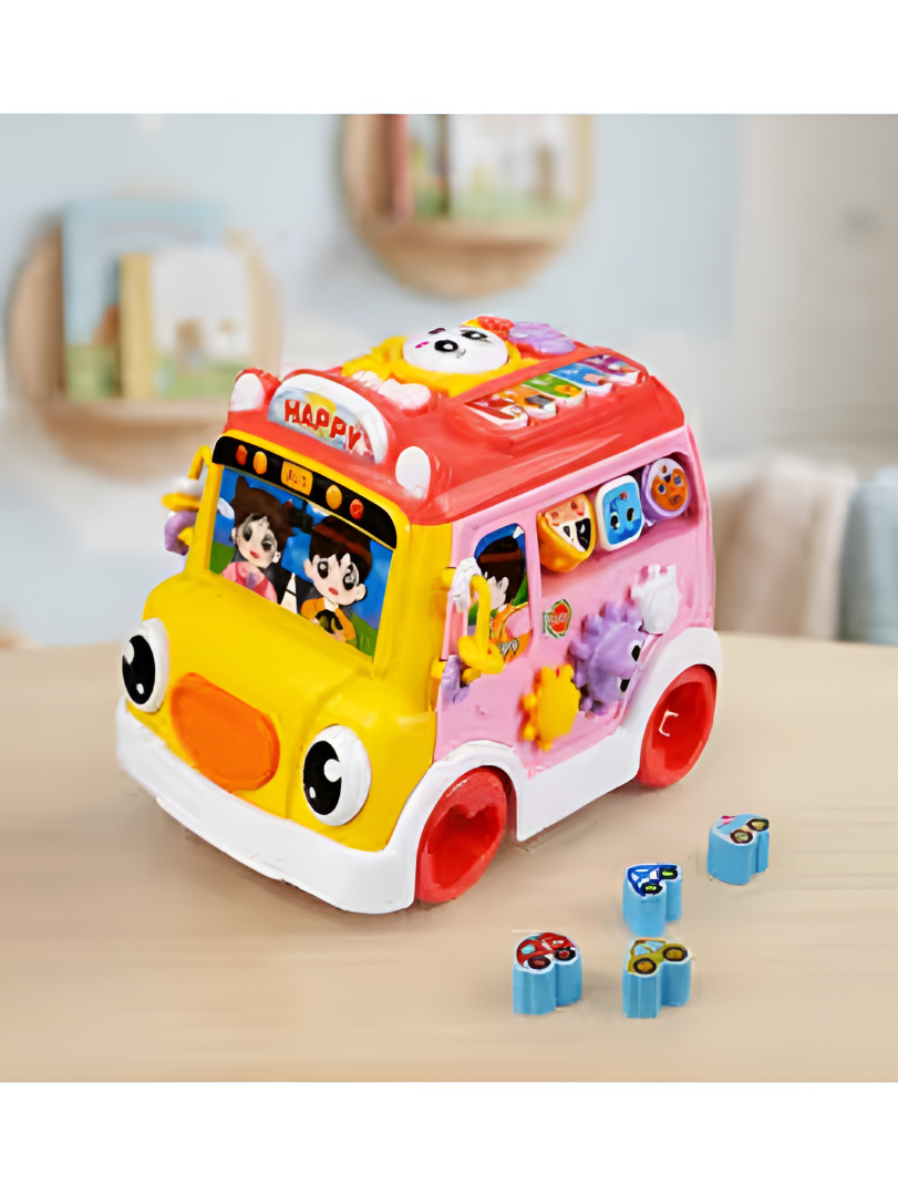 Musical School Bus Toy for Toddlers Pink/Yellow -6-in-1 Activity Cube Baby Toy with Piano Keys, Shape Sorter Blocks, Clock Dial & Moving Gears, Interactive Early Learning Light & Sound Toy for Kids LMI14062