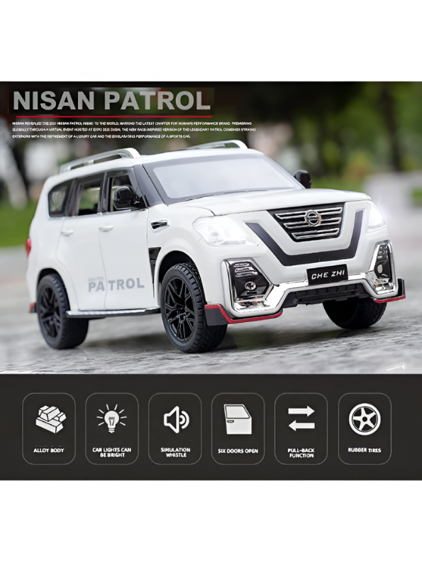 Nissan Patrol Diecast Alloy SUV Model - White 1:24 Scale Pull-Back Toy Car with Lights & Sound TV6228