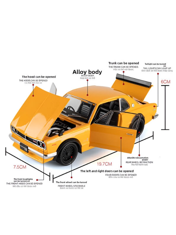 Nissan Skyline GT-R 2000 Hakosuka Diecast Model Car 1:22 Scale – Matte Yellow Alloy Vintage Classic Muscle Car MD601