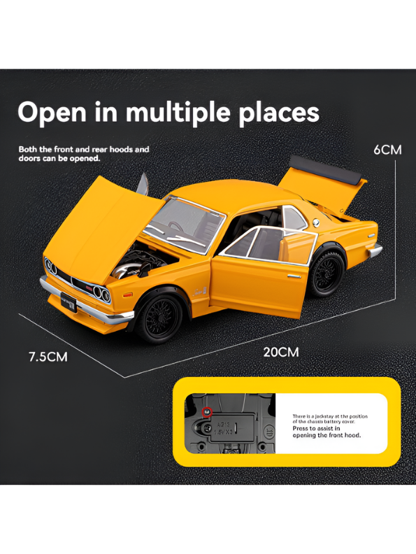 Nissan Skyline GT-R 2000 Hakosuka Diecast Model Car 1:22 Scale – Matte Yellow Alloy Vintage Classic Muscle Car MD601