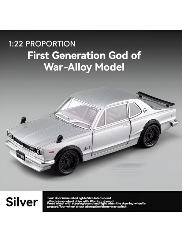 Nissan Skyline GT-R 2000 Hakosuka Diecast Model Car 1:22 Scale – Matte Silver Alloy Vintage Classic Muscle Car MD601