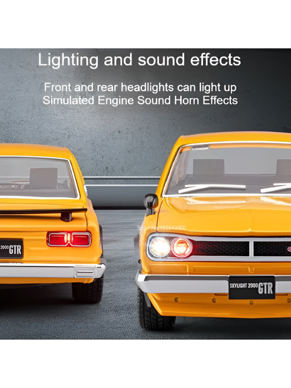 Nissan Skyline GT-R 2000 Hakosuka Diecast Model Car 1:22 Scale – Matte Yellow Alloy Vintage Classic Muscle Car MD601