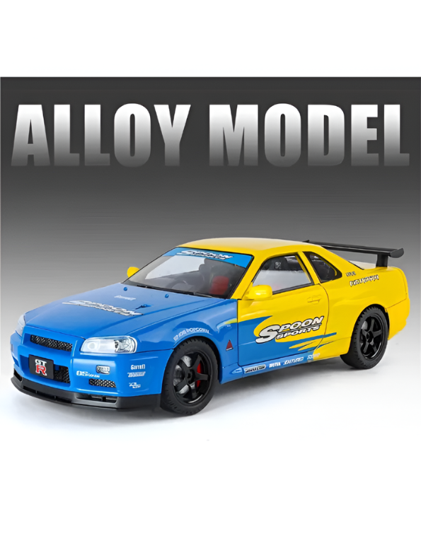 Nissan Skyline GT-R R34 Diecast Model Car 1:24 Scale Collectible Sports Car Blue TV6300.