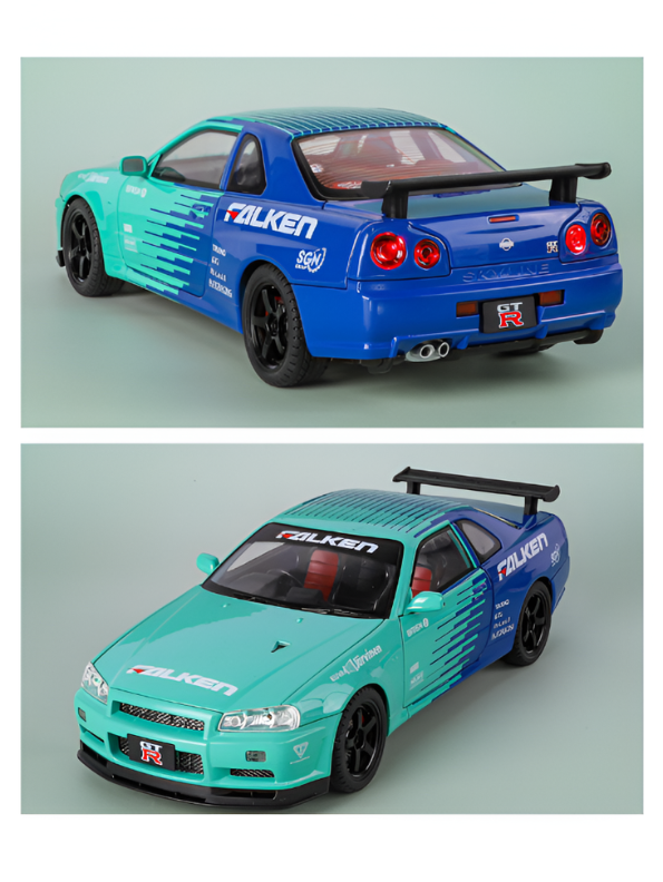 Nissan Skyline GT-R R34 Diecast Model Car 1:24 Scale Collectible Sports Car Turquoise TV6300.