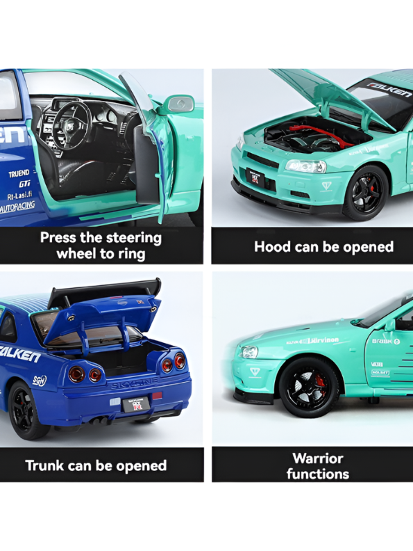 Nissan Skyline GT-R R34 Diecast Model Car 1:24 Scale Collectible Sports Car Turquoise TV6300.