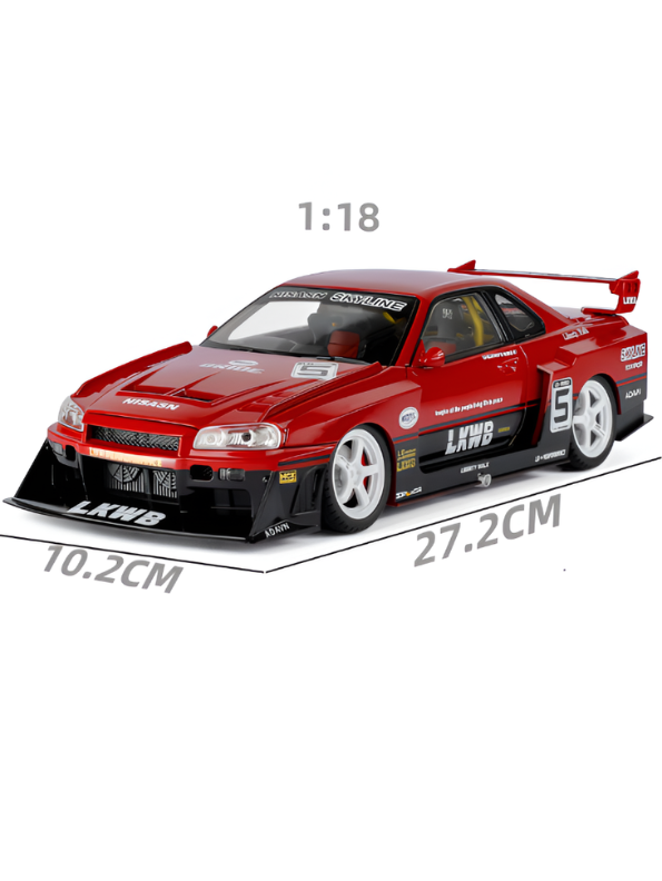 Nissan Skyline GT-R R34 LBWK Diecast Model Car 1:18 Scale Collectible Red TV6301.