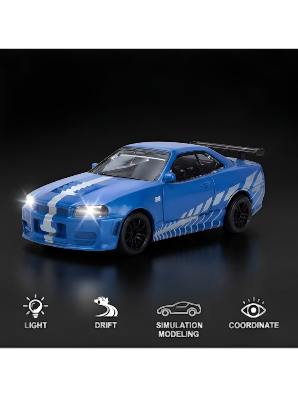 Blue Nissan Skyline R34 GT-R Mini RC Car 1:64 Scale Alloy Drift Racing & Acrylic Display Box MD35