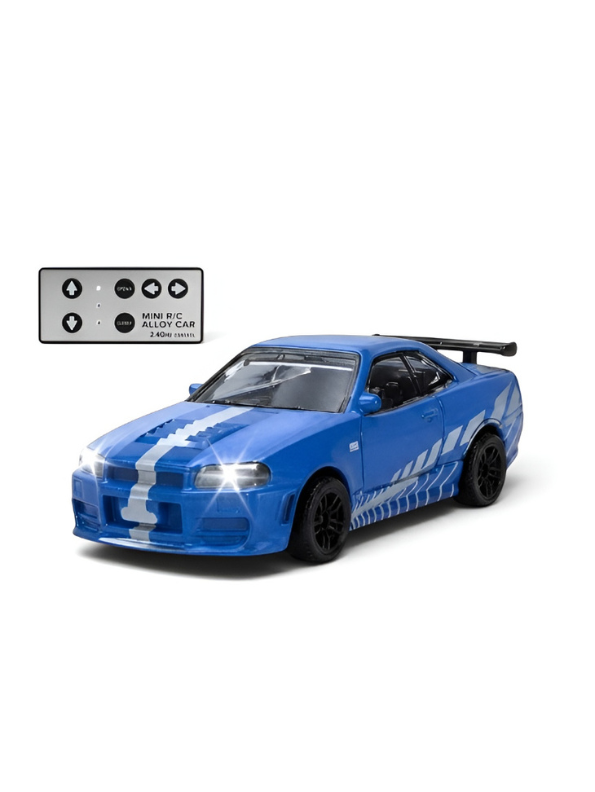 Blue Nissan Skyline R34 GT-R Mini RC Car 1:64 Scale Alloy Drift Racing & Acrylic Display Box MD35