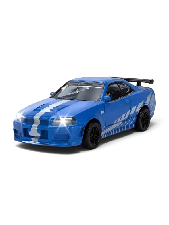 Blue Nissan Skyline R34 GT-R Mini RC Car 1:64 Scale Alloy Drift Racing & Acrylic Display Box MD35