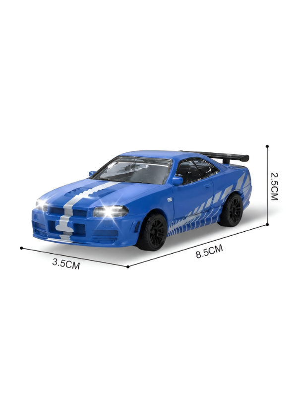 Blue Nissan Skyline R34 GT-R Mini RC Car 1:64 Scale Alloy Drift Racing & Acrylic Display Box MD35