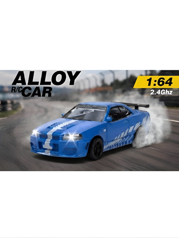 Blue Nissan Skyline R34 GT-R Mini RC Car 1:64 Scale Alloy Drift Racing & Acrylic Display Box MD35
