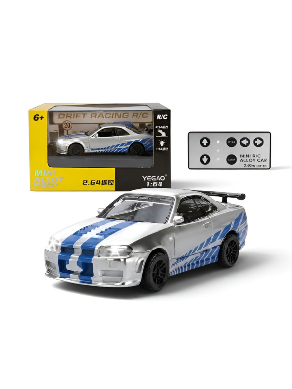 Nissan Skyline R34 GT-R Mini RC Car 1:64 Scale Alloy Drift Racing & Acrylic Display Box MD35