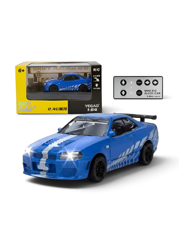 Blue Nissan Skyline R34 GT-R Mini RC Car 1:64 Scale Alloy Drift Racing & Acrylic Display Box MD35