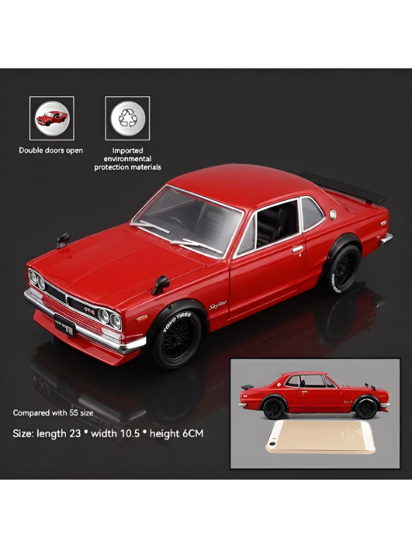 Nissan Skyline GT-R 2000 Hakosuka Diecast Model Car 1:22 Scale – Matte Red Alloy Vintage Classic Muscle Car MD601