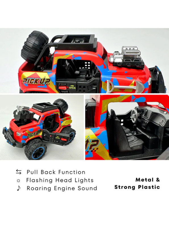 Off-Road Monster Pickup Toy Truck – Camo Design, Pull-Back Action, Spare Tire & Bull Bar Red LMI16430.